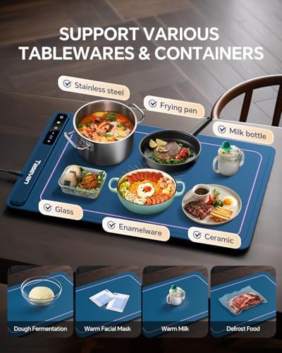 Food Warming Mat,7 Temp,4H Timer, Thermochromic Line, Kids Lock, Blue in Blue, alternate view 6