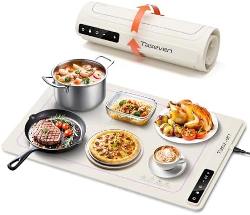 Food Warming Mat,7 Temp,4H Timer, Thermochromic Line, Kids Lock, White in White