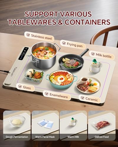 Food Warming Mat,7 Temp,4H Timer, Thermochromic Line, Kids Lock, White in White, alternate view 6