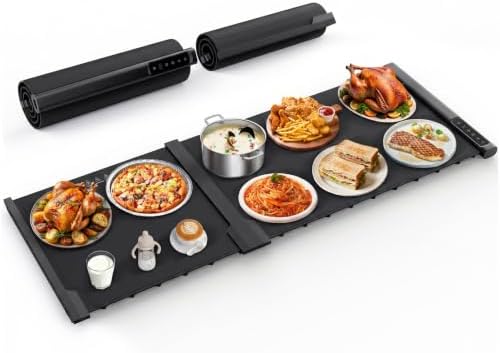 Food Warming Mat, 7 Temp & 6H Timer, Expandable, 2-Piece, 42"x16", Black in Black
