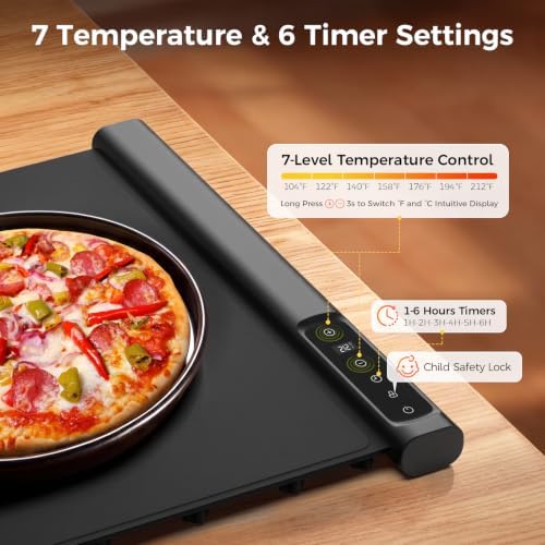 Food Warming Mat, 7 Temp & 6H Timer, Expandable, 2-Piece, 42"x16", Black in Black, alternate view 5