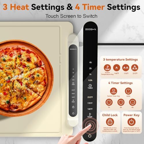 Food Warming Mat Electric Tray: Adjustable Silicone Heating Pad with 3 Temperature Settings 4 Timer Function, alternate view