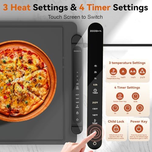 Food Warming Mat Electric Tray: Adjustable Silicone Heating Pad with 3 Temperature Settings 4 Timer Function, alternate view