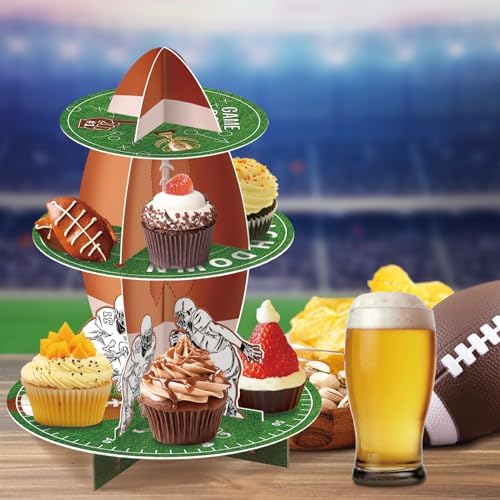 Football Cupcake Stand 3-Tier Dessert Tower Super Bowl Party Decoration Football Theme Cupcake Stand for Kids, alternate view