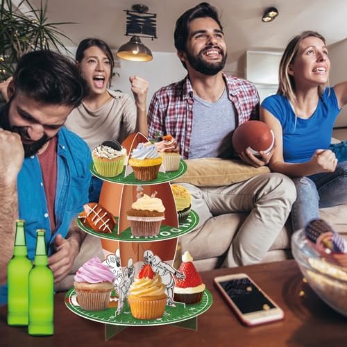 Football Cupcake Stand 3-Tier Dessert Tower Super Bowl Party Decoration Football Theme Cupcake Stand for Kids, alternate view