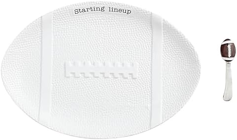 Football Platter with Spreader, White Ceramic Game Day Serving Tray in 8 3/4" x 15 3/4" in White