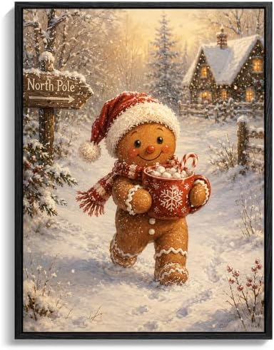 Framed Christma Wall Art, Gingerbread Man with Santa Hat Canvas Pictures