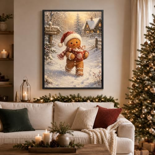Framed Christma Wall Art, Gingerbread Man with Santa Hat Canvas Pictures, alternate view 2