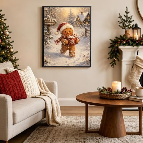 Framed Christma Wall Art, Gingerbread Man with Santa Hat Canvas Pictures, alternate view 3
