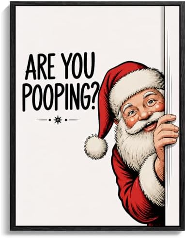 Framed Christmas Bathroom Wall Art, Are You Pooping Santa Canvas Pictures