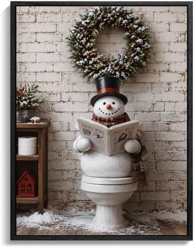 Framed Christmas Bathroom Wall Art, Funny Snowman On Toilet Canvas Pictures