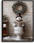 Framed Christmas Bathroom Wall Art, Funny Snowman On Toilet Canvas Pictures