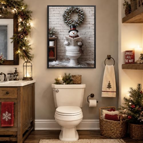 Framed Christmas Bathroom Wall Art, Funny Snowman On Toilet Canvas Pictures, alternate view 2
