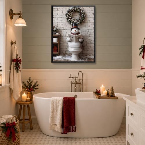 Framed Christmas Bathroom Wall Art, Funny Snowman On Toilet Canvas Pictures, alternate view 3