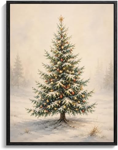 Framed Christmas Tree Wall Art, Vintage Snowy Pine Tree Christmas Pictures