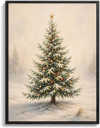Framed Christmas Tree Wall Art, Vintage Snowy Pine Tree Christmas Pictures