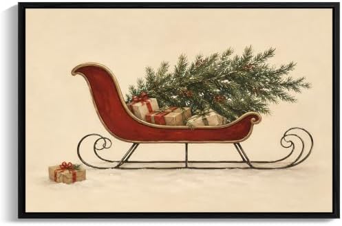 Framed Christmas Wall Art, Red Sleigh With Gifts Box Holiday Canvas Prints