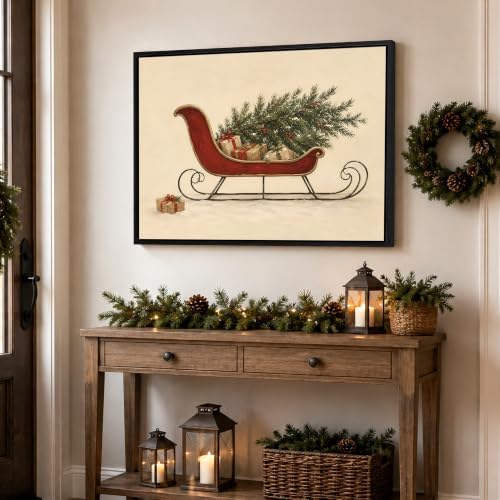 Framed Christmas Wall Art, Red Sleigh With Gifts Box Holiday Canvas Prints, alternate view 4