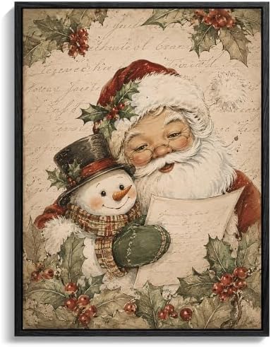 Framed Christmas Wall Art, Santa Claus with Cute Snowman Canvas Pictures