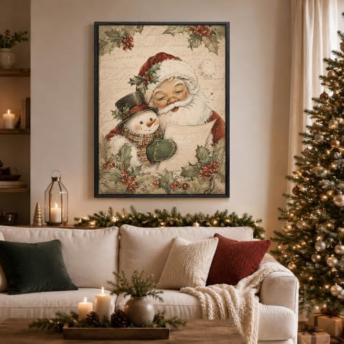 Framed Christmas Wall Art, Santa Claus with Cute Snowman Canvas Pictures, alternate view 2
