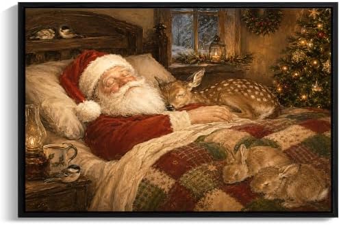 Framed Christmas Wall Art, Sleeping Santa and Reindeer Canvas Pictures
