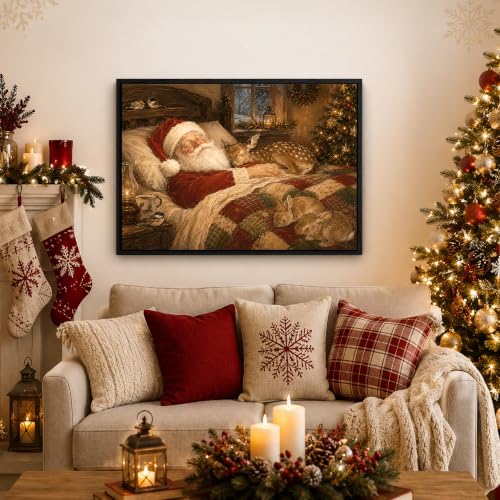 Framed Christmas Wall Art, Sleeping Santa and Reindeer Canvas Pictures, alternate view 2