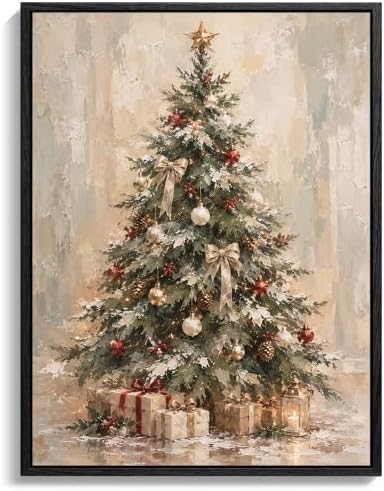 Framed Christmas Wall Art, Snowy Christmas Tree Gift Boxes Canvas Pictures