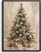 Framed Christmas Wall Art, Snowy Christmas Tree Gift Boxes Canvas Pictures