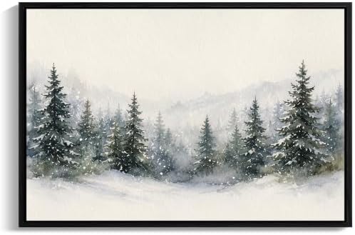 Framed Christmas Wall Art, Snowy Mountain Fores Landscape Canvas Pictures