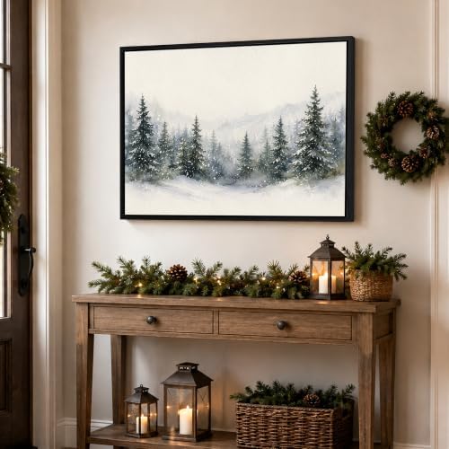 Framed Christmas Wall Art, Snowy Mountain Fores Landscape Canvas Pictures, alternate view 4