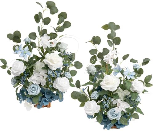 Free-Standing Wedding Aisle Runner Flowers, Dusty Blue Navy in 96"x8" in Blu-dusty Blue & White