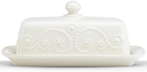 French Perle Covered Butter Dish, White in White