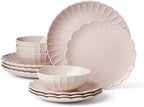 French Perle Scallop Blush Stoneware 12-Piece Dinnerware Set for 4 in 12 Count in Blush