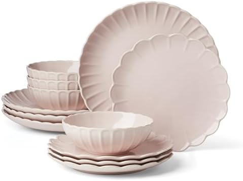 French Perle Scallop Blush Stoneware 12-Piece Dinnerware Set for 4 in 12 Count in Blush