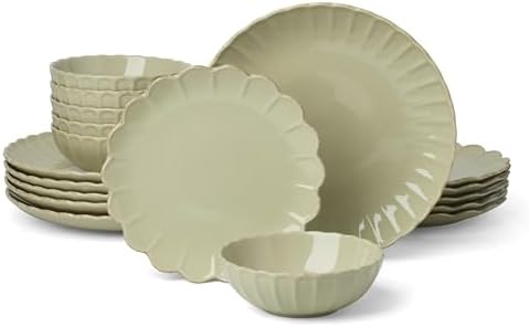 French Perle Scallop Matcha Stoneware 18-Piece Dinnerware Set for 6 in Matcha