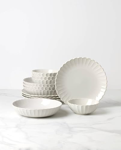 French Perle Scallop White Dinnerware Plate and Bowl Set, 12-Piece in 12 Count in White, alternate view 2