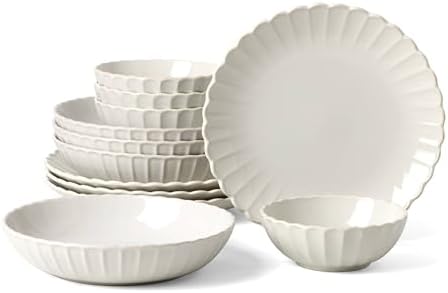 French Perle Scallop White Dinnerware Plate and Bowl Set, 12-Piece in 12 Count in White, alternate view 3