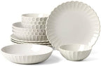 French Perle Scallop White Dinnerware Plate and Bowl Set, 12-Piece in 12 Count in White, alternate view 3