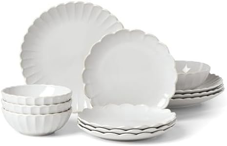 French Perle Scallop White Dinnerware Set with Accent Plates in 12 Count (Service for 4) in White