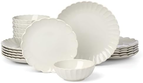 French Perle Scallop White Stoneware 18-Piece Dinnerware Set for 6 in 18 Count in White