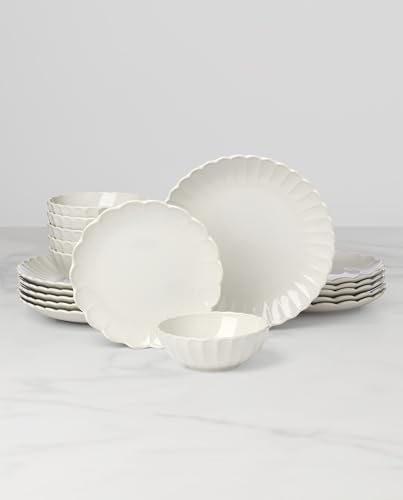 French Perle Scallop White Stoneware 18-Piece Dinnerware Set for 6 in 18 Count in White, alternate view 3