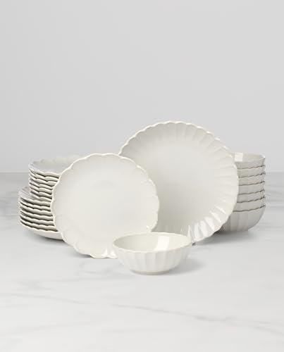 French Perle Scallop White Stoneware 24-Piece Dinnerware Set for 8 in 24 Count in White, alternate view 3