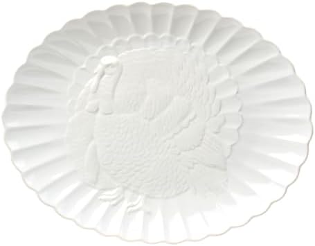 French Perle White 18in Large Serving Platter Carved Turkey Stoneware in 1 Count in White