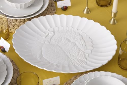 French Perle White 18in Large Serving Platter Carved Turkey Stoneware in 1 Count in White, alternate view 3
