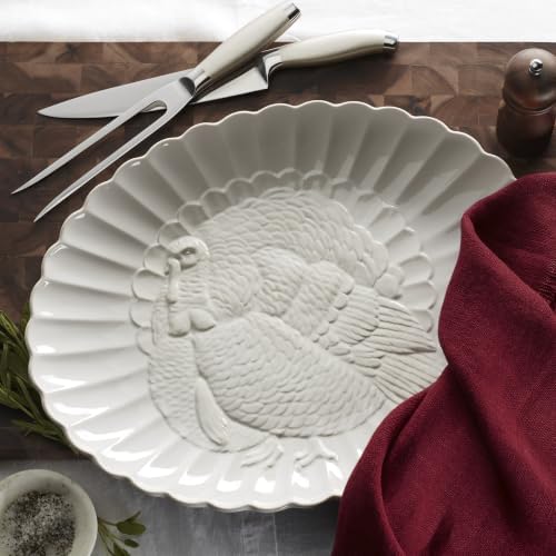 French Perle White 18in Large Serving Platter Carved Turkey Stoneware in 1 Count in White, alternate view 4