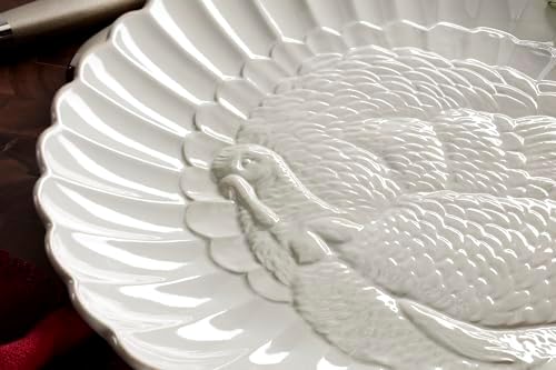 French Perle White 18in Large Serving Platter Carved Turkey Stoneware in 1 Count in White, alternate view 5
