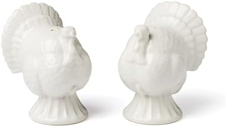 French Perle White Carved Turkey Ceramic Salt and Pepper Shakers Set in White