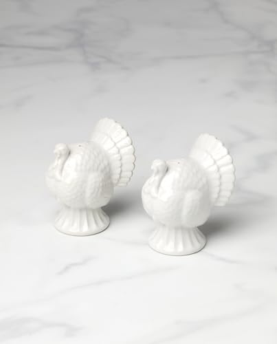 French Perle White Carved Turkey Ceramic Salt and Pepper Shakers Set in White, alternate view 3