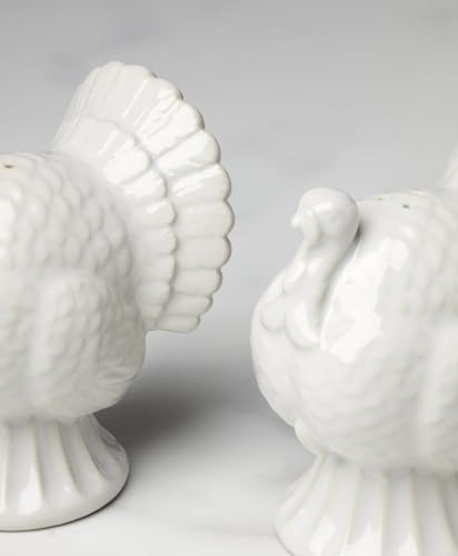 French Perle White Carved Turkey Ceramic Salt and Pepper Shakers Set in White, alternate view 4