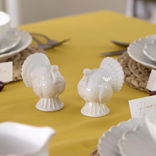 French Perle White Carved Turkey Ceramic Salt and Pepper Shakers Set in White, alternate view 5
